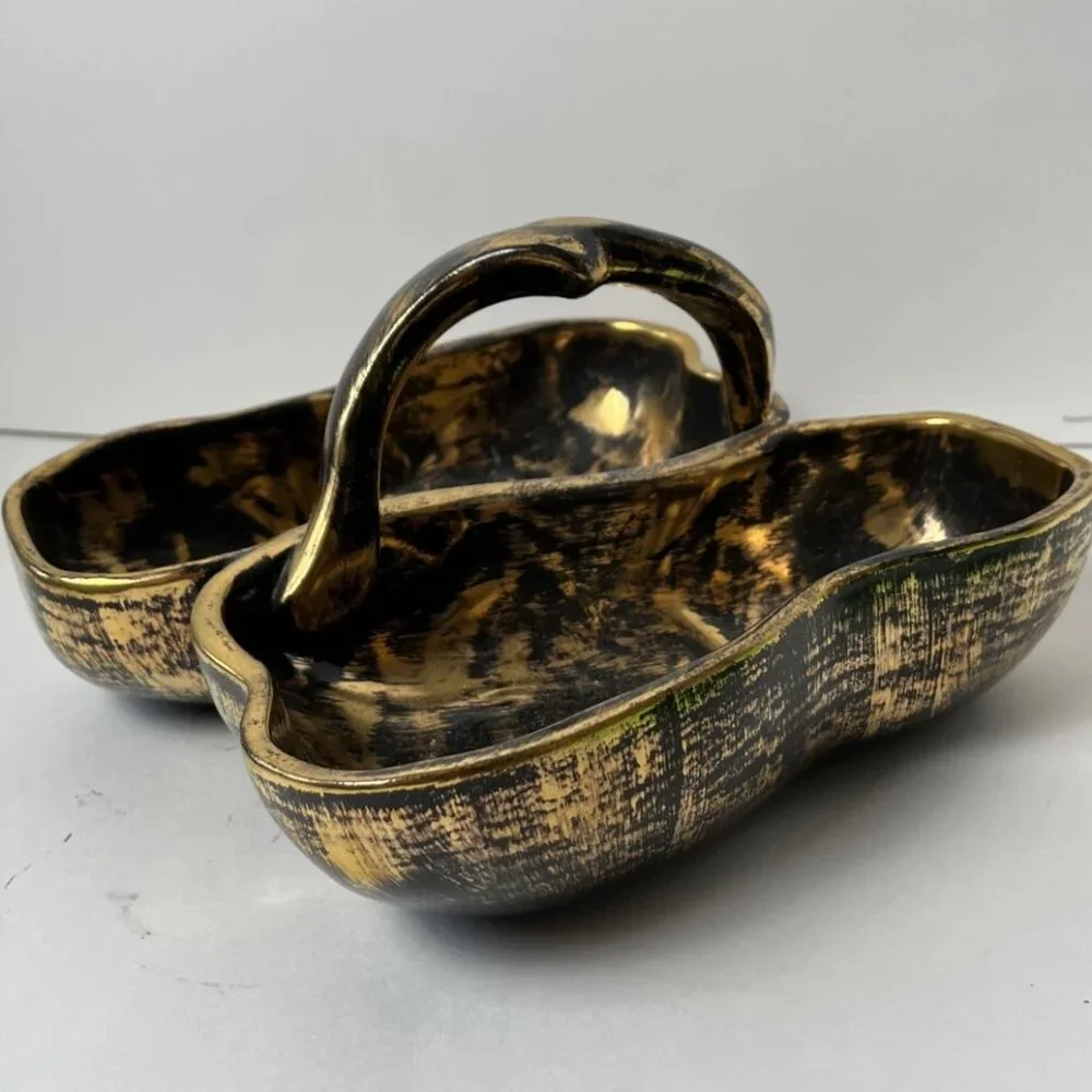 Vintage STANGL Black Gold Double Pear Bowl #3782 22K Gold MCM Pottery